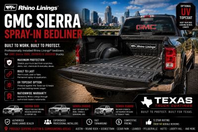 Gmc truck with a Rhino Linings Bedliner. Texas Truck Coatings Austin Texas