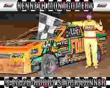 Racecar driver celebrating beside car with checkered flag.