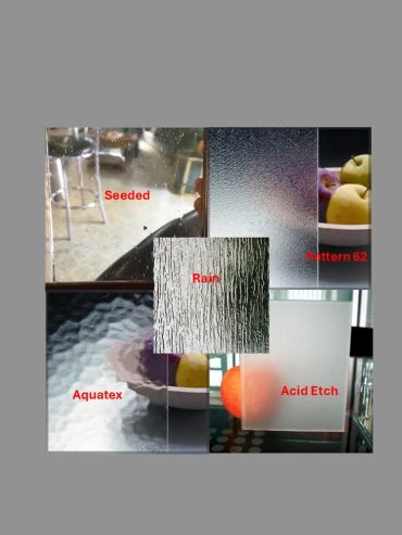 Various textured glass samples labeled Seeded, Pattern 62, Rain, Aquatex, and Acid Etch.