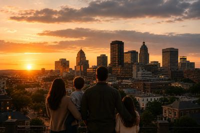 Family watching a city sunset together from a rooftop.