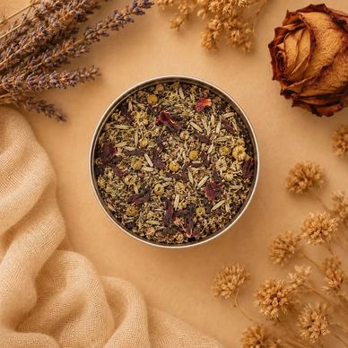 Dried herbs and flowers in a tin surrounded by dried flora and fabric.