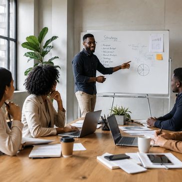 Business team having a strategy meeting with a presentation.