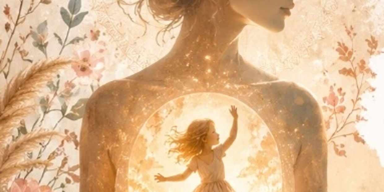 A woman with a glowing silhouette showing a dancing girl inside her.