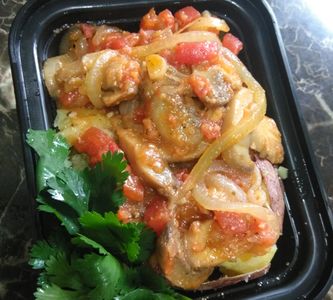 Vegan Dish: Pan fry onions, tomato, mushroom cooked down w/ olive oil topped with fresh basil.