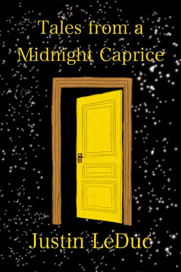 Book cover with a yellow door and starry background titled "Tales from a Midnight Caprice."