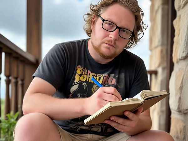 A man with glasses writing in a notebook while sitting outdoors.
