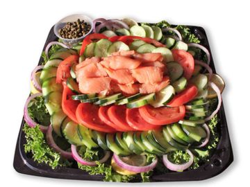 salmon, lox, bagel and lox, salmon and veggies, capers, tomato, onions