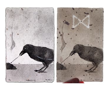 pulp painting crow breakthrough handmade paper with Viking rune watermark, Dagaz, Don Widmer paper