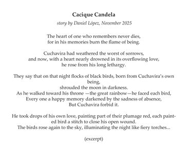 Cacique Candela, text by Daniel López (excerpt), in English. Accompanies pulp painting by D. Widmer.
