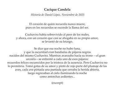 Cacique Candela, text by Daniel López (excerpt), in Spanish. Accompanies pulp painting by D. Widmer.