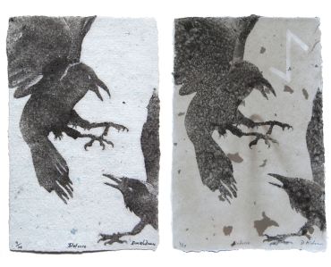 pulp painting crow defense handmade paper with watermark fighting Viking rune, Don Widmer paper arts