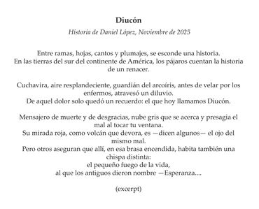 Diucón, text by Daniel López (excerpt), in Spanish. Accompanies pulp painting by Don Widmer.