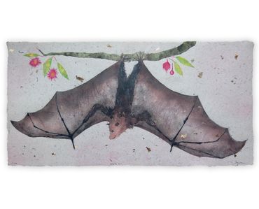 Don Widmer, Flying Fox, pulp painting of Australian fruit bat, handmade paper with inclusions.