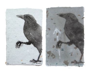 pulp painting crow warrior handmade paper with Viking rune watermark Teiwaz, Don Widmer paper arts