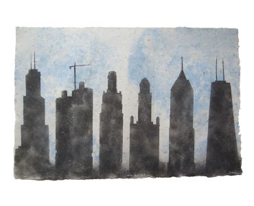 Chicago Skyline silhouette, pulp painting on handmade paper by Don Widmer. Size: 24 x 36 inches