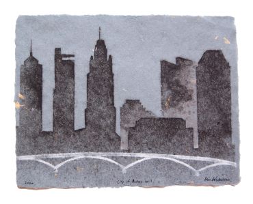 City of Arches, Columbus Ohio, city skyline, paper art, handmade paper, pulp painting, Don Widmer