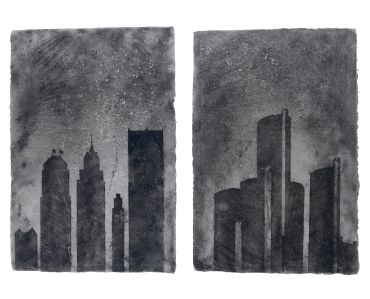 Detroit Before Waking, pulp painting on handmade paper by Don Widmer. Size: 36 x 48 inches