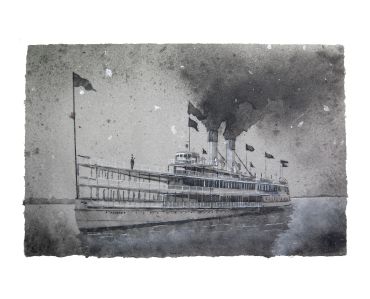 Tashmoo ship, Great Lakes steamship, sidewheeler, nautical art, Don Widmer paper arts, pulp painting
