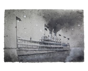 Don Widmer Tashmoo, pulp painting of Great Lakes steam ship.