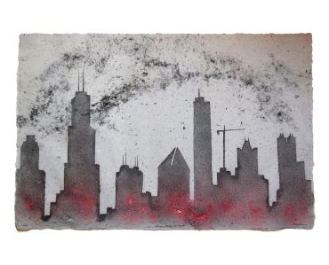 Chicago Skyline silhouette, pulp painting on handmade paper by Don Widmer. Size: 24 x 36 inches