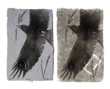 pulp painting crow harvest grain handmade paper with Viking rune watermark, Jera, Don Widmer paper