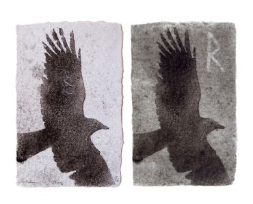 pulp painting crow journey handmade paper flying with Viking rune watermark, Raido, Don Widmer paper