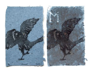 pulp painting crow movement handmade paper dancing, Viking rune watermark, Ehwaz, Don Widmer paper