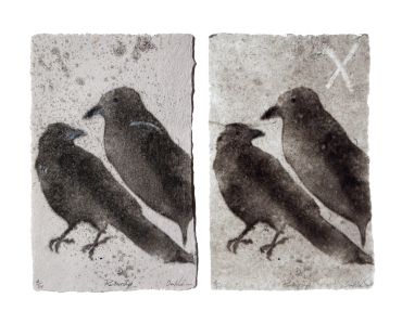 pulp painting crow partnership handmade paper pair with Viking rune watermark, Gebo, Don Widmer pape