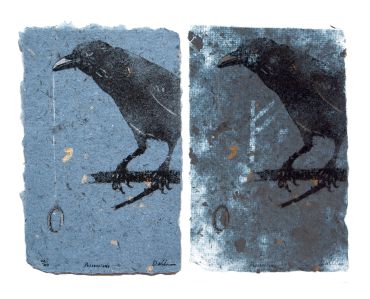 pulp painting crow possessions ring handmade paper Viking rune watermark, Fehu, Don Widmer paper
