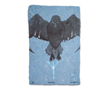 pulp painting crow protection handmade paper with Viking rune watermark Algiz, Don Widmer paper arts