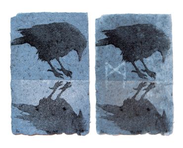 pulp painting crow reflection handmade paper self Viking rune watermark, Mannaz, Don Widmer paper