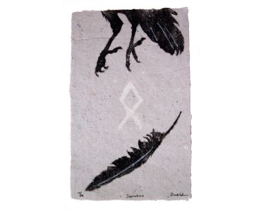 pulp painting crow separation handmade paper feather Viking rune watermark, Othila, Don Widmer paper