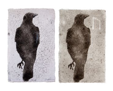 pulp painting crow strength handmade paper proud with Viking rune watermark, Uruz, Don Widmer paper