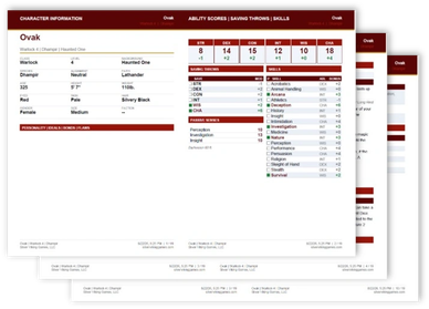 Dungeons & Dragons character sheet for Ovak the Warlock.