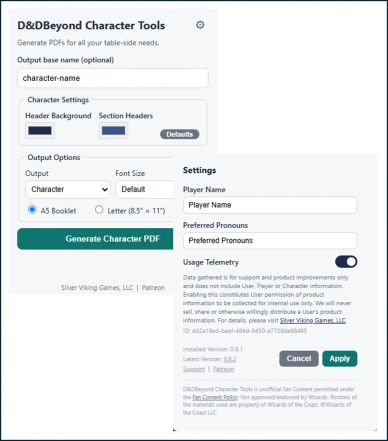 Screenshot of D&D Beyond character PDF generator interface.