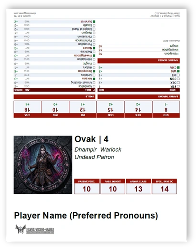 Character sheet for Ovak, a Dhampir Warlock.