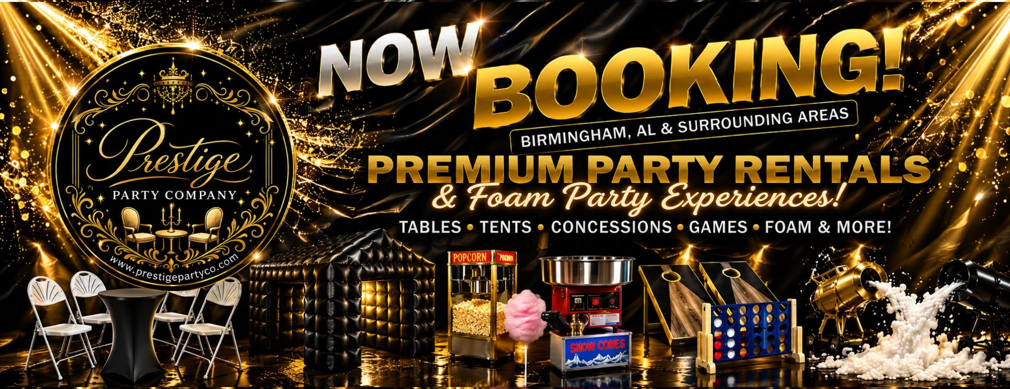 Prestige Party Co. offers premium party rentals and foam experiences in Birmingham, AL.