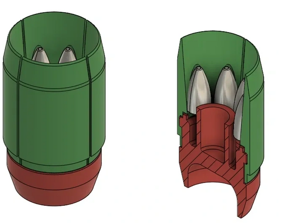 3D model of a green and brown double-barrel shotgun shell with a cutaway view.