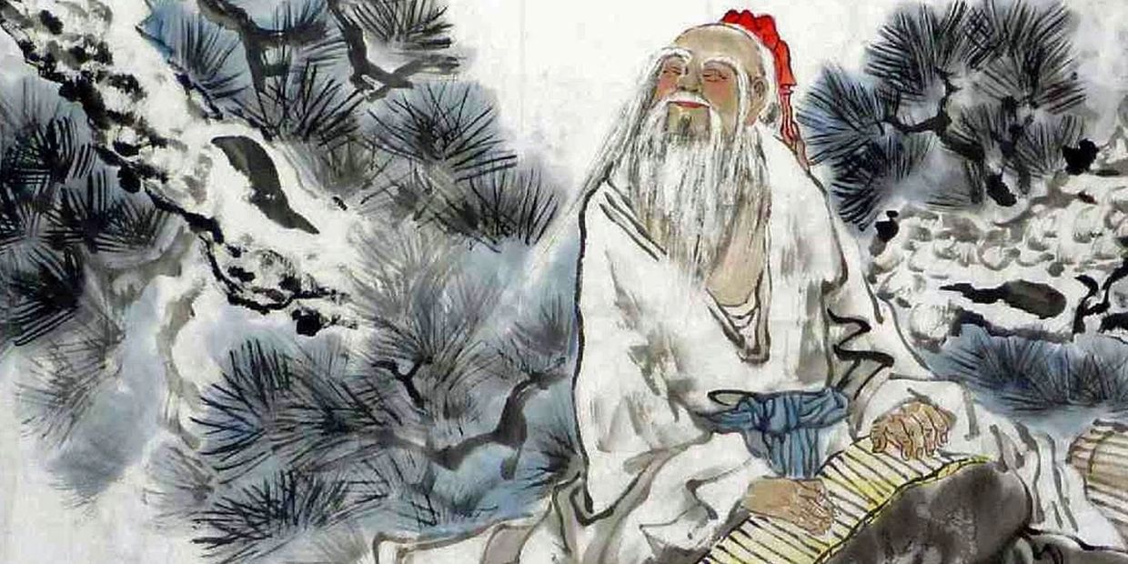 Traditional Chinese painting of an elderly man under pine trees.