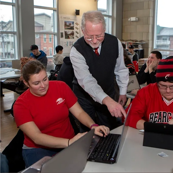 Professor Grundy is shown working with University of Cincinnati students in the Niehoff Urban Studio