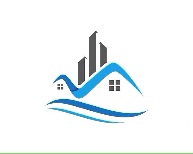 Abstract logo combining houses with rising bar chart and waves.