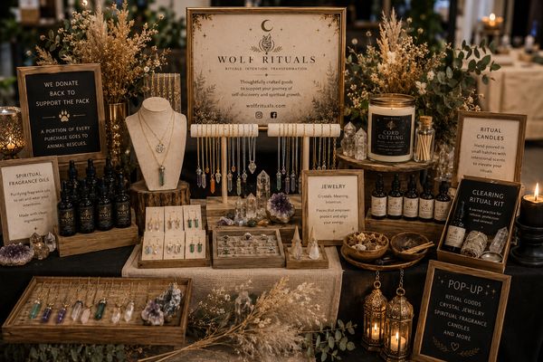 A beautifully arranged display of spiritual and ritual goods including jewelry, candles, and crystals.