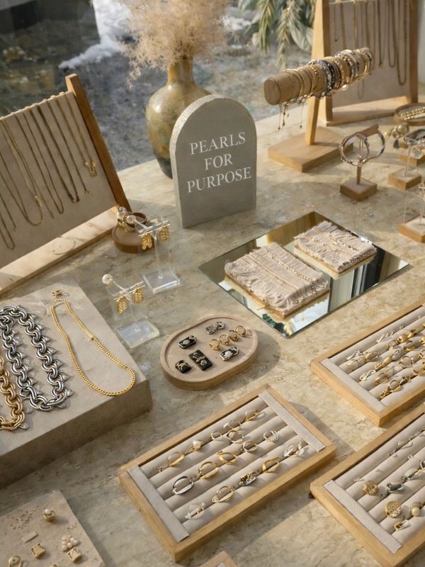Elegant gold and silver jewelry displayed with a sign reading 'Pearls for Purpose' on a stone table.