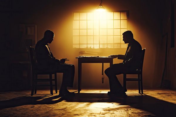 Two men in silhouette sit across a table under warm light from a window.
