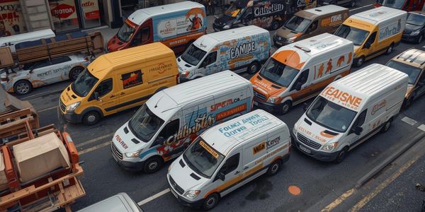 Several branded commercial vans parked closely on a street.