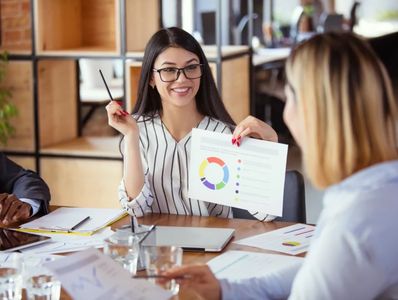 A woman presents a colorful pie chart during a business meeting.