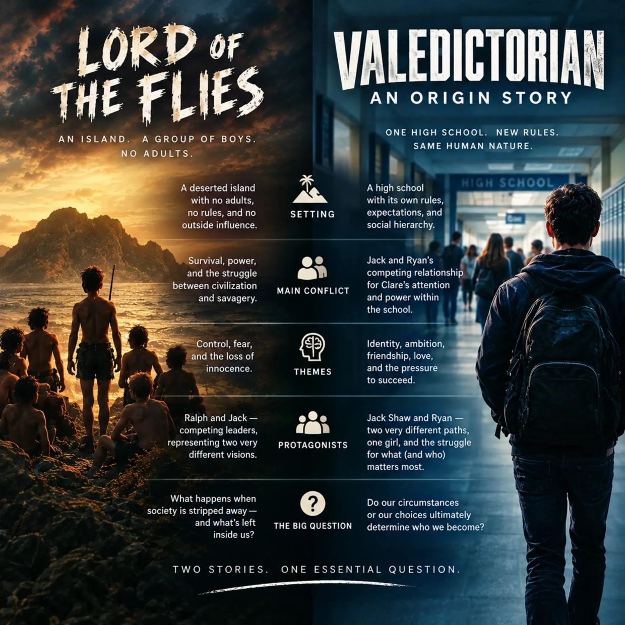 How Lord of the Flies and Valedictorian reflect power struggles in different worlds.