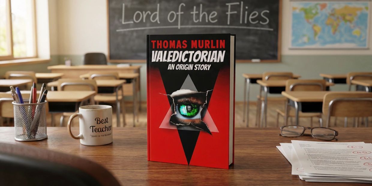 Valedictorian: An Origin Story by Thomas Murlin displayed in a secondary English classroom.