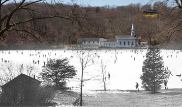 People ice skating on a frozen lake near a church in a winter landscape.