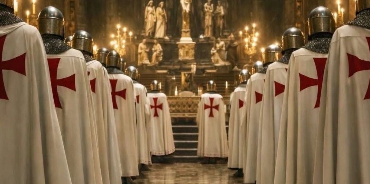 Knights in white tunics with red crosses stand in a grand, candlelit hall.